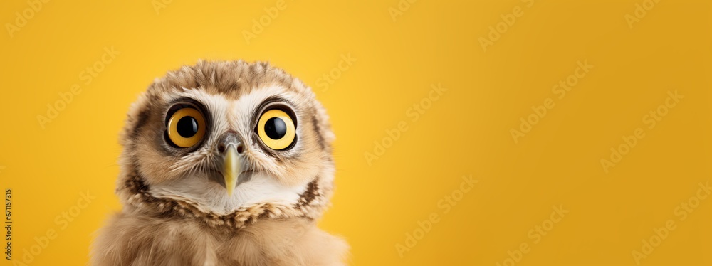 A young owl or owlet portrait in a dark studio. AI Generated. This image evokes surprise, suspicion, questioning, and knowledge through the use of the owl's huge eyes and curious personality. - obrazy, fototapety, plakaty 