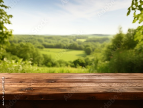 Empty wooden table with beautiful blurred green filed or garden background for mockup product