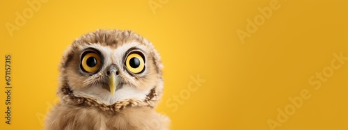 A young owl or owlet portrait in a dark studio. AI Generated. This image evokes surprise, suspicion, questioning, and knowledge through the use of the owl's huge eyes and curious personality.