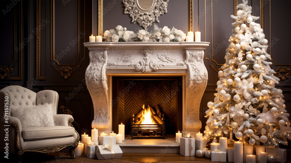 classical Christmas stylish living room with white tree and fireplace