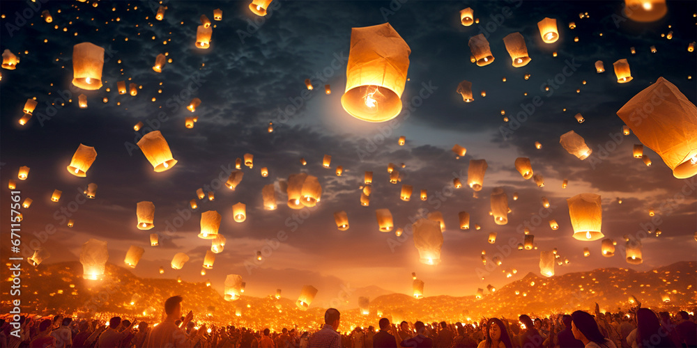flying lanterns in lantern festival - obrazy, fototapety, plakaty 