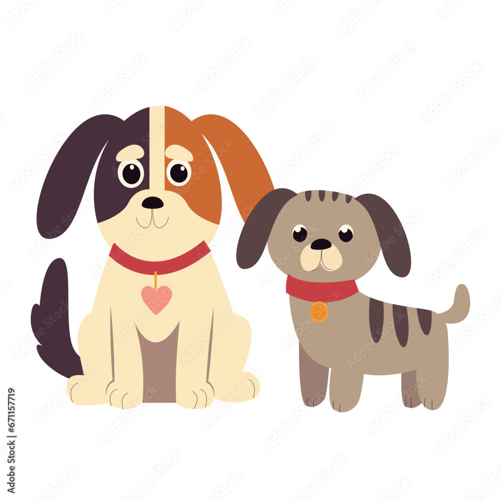 Cute dogs vector set. Cartoon dog or puppy characters design collection with flat color in different poses. Set of funny pet animals isolated on white background. Cute dogs vector set. Cartoon dog or puppy characters design collection with flat color in different poses. Set of funny pet animals isolated on white background.