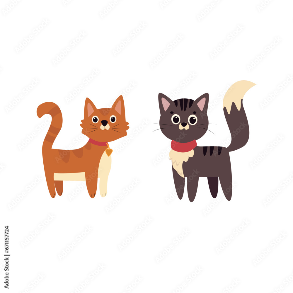 Cute cats vector set. Cartoon cats and kittens characters design collection with flat color in different poses. Set of funny pet animals isolated on white background.