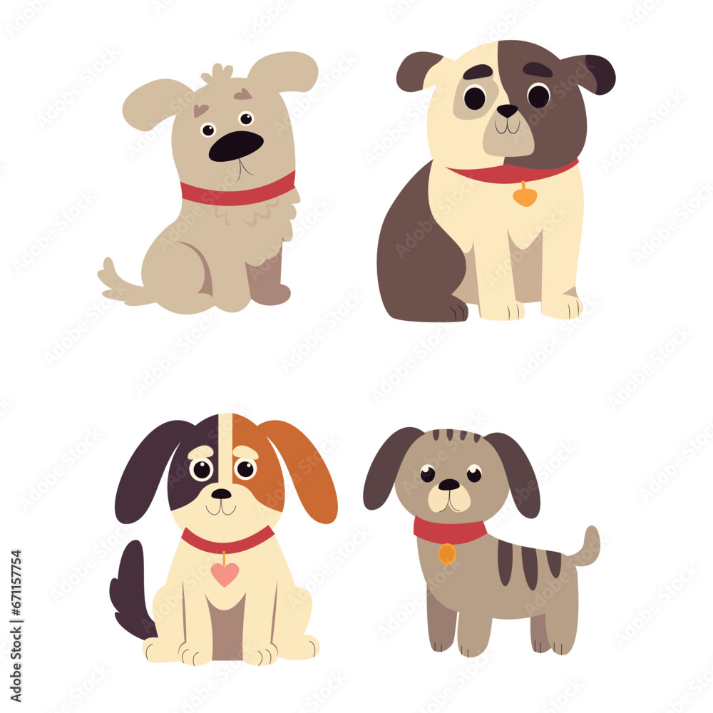 Cute dogs vector set. Cartoon dog or puppy characters design collection with flat color in different poses. Set of funny pet animals isolated on white background. Cute dogs vector set. Cartoon dog or puppy characters design collection with flat color in different poses. Set of funny pet animals isolated on white background.