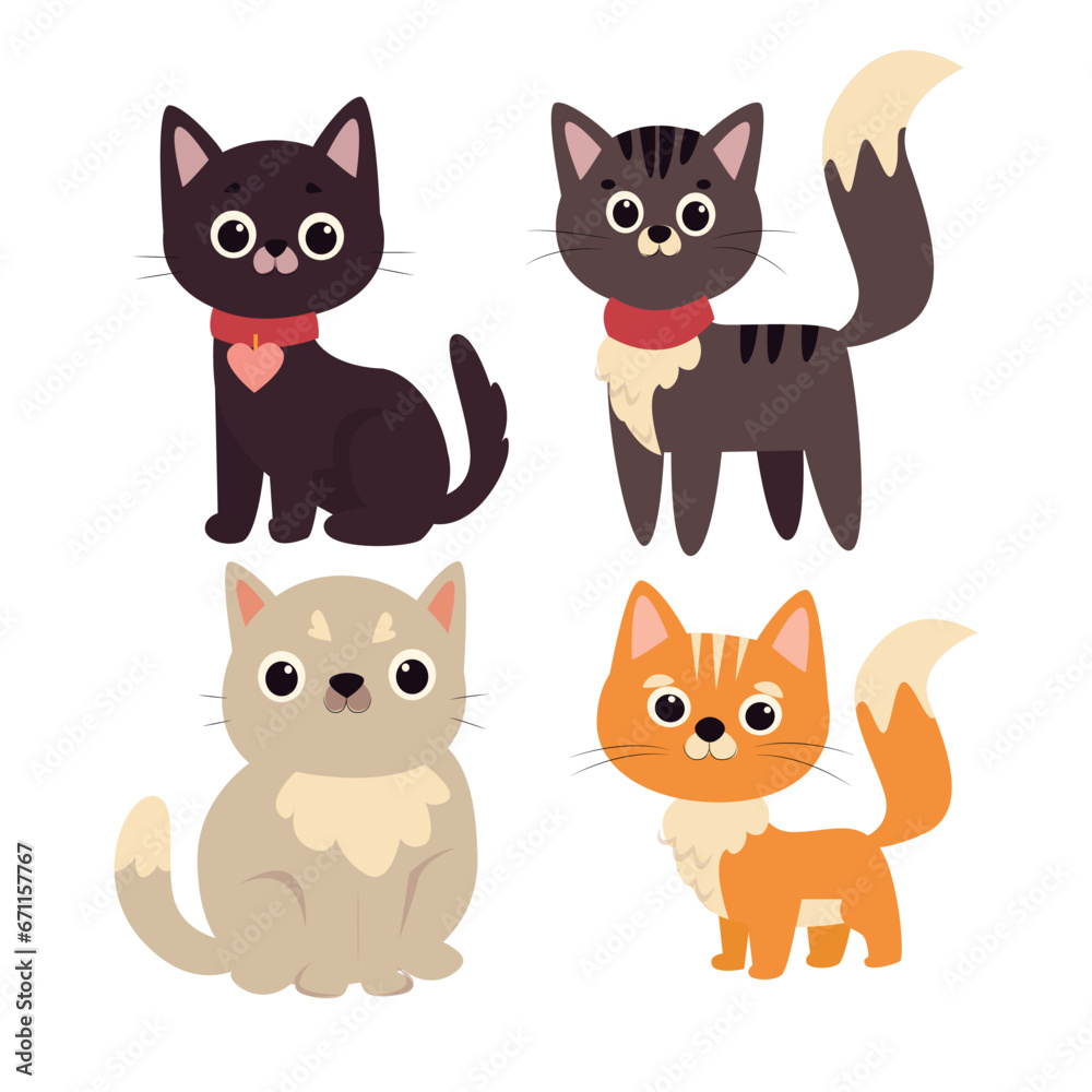 cats vector set. Cartoon cats and kittens characters design collection with flat color in different poses. Set of funny pet animals isolated on white background.