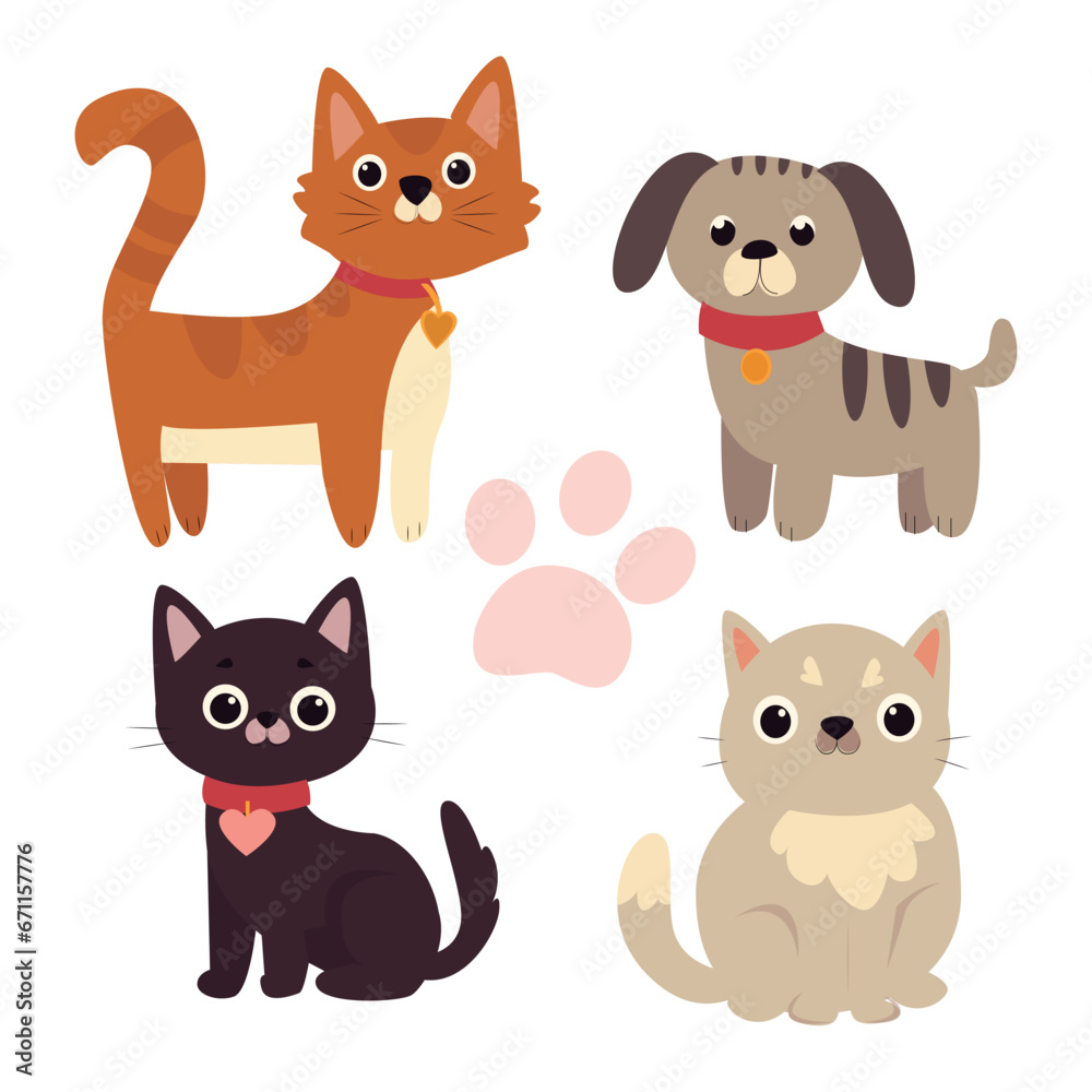Cute cats vector set. Cartoon cats and kittens characters design collection with flat color in different poses. Set of funny pet animals isolated on white background. Cute cats vector set. Cartoon cats and kittens characters design collection with flat color in different poses. Set of funny pet animals isolated on white background.