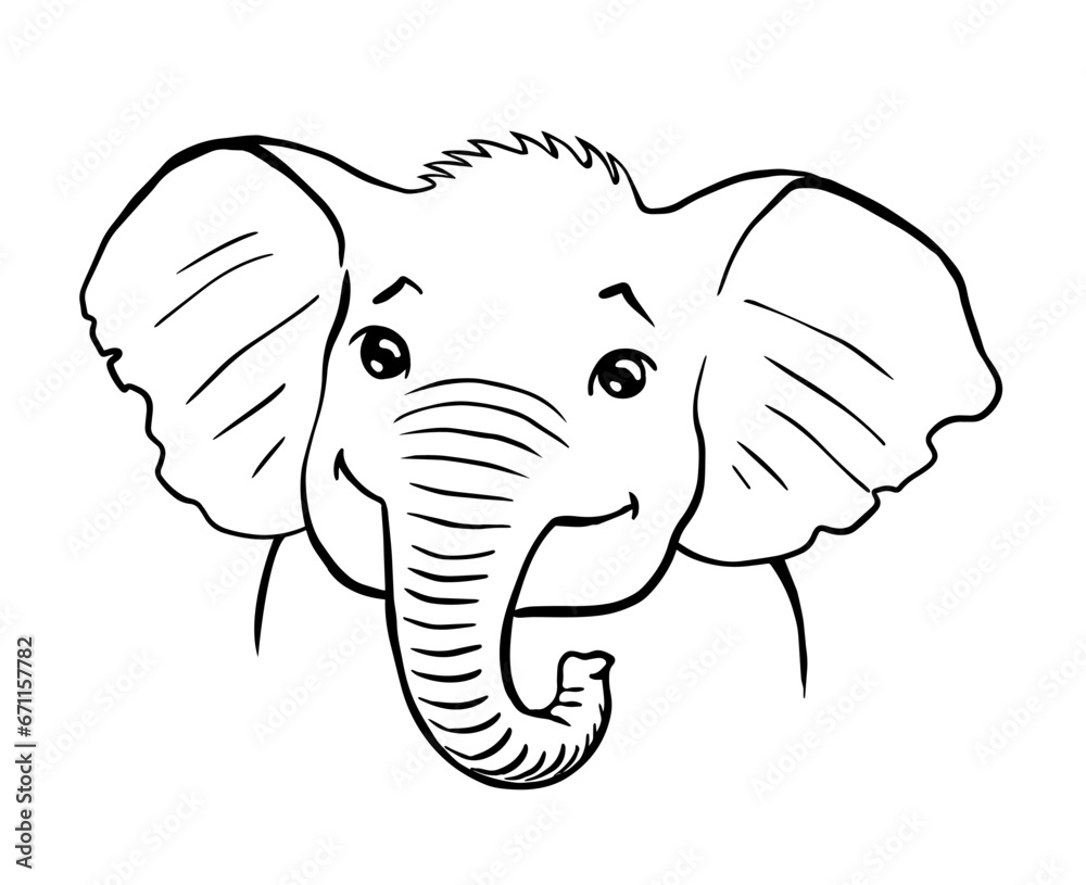 Portrait of a cute baby elephant. Happy smile on face. Friendly children character. African wild animal. Vector art illustration. Black and white sketch. Hand drawn line Portrait of a cute baby elephant. Happy smile on face. Friendly children character. African wild animal. Vector art illustration. Black and white sketch. Hand drawn line