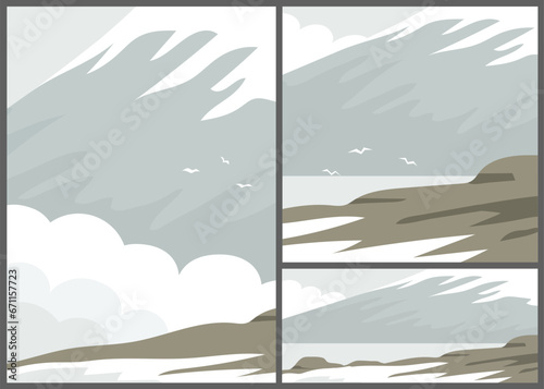 Cold landscape of arctic or Antarctica. Snow, rocks, mountains and sea. Wildlife of Iceland, Norway, Alaska. Nature and travel. Flat vector illustration for background. Set image