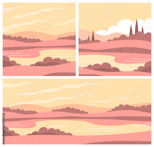 Peaceful summer nature landscape. Panorama with forest, cypress, fields, sky and lake. Calm morning. Rural scener. Flat vector illustration. Set image