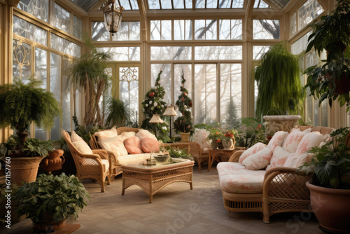 Cozy winter garden with a lot of green palnts filled with light through glass walls