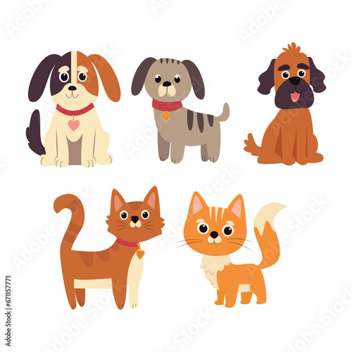 Cute cats and dogs  set. Cartoon dog or puppy and cats characters design collection with flat color in different poses. Set of funny pet animals isolated on white background.