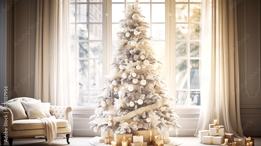 classical Christmas stylish living room with white tree and fireplace