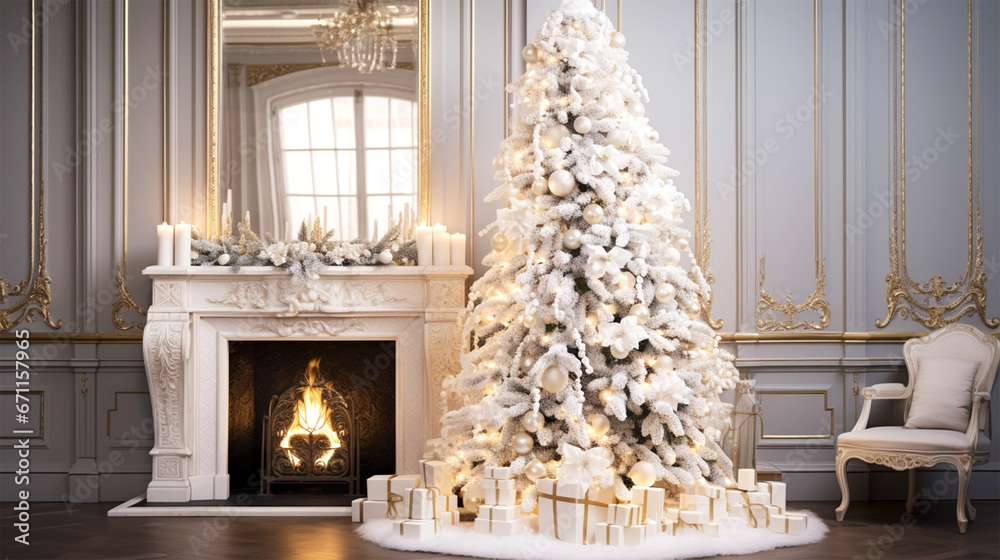 classical Christmas stylish living room with white tree and fireplace classical Christmas stylish living room with white tree and fireplace