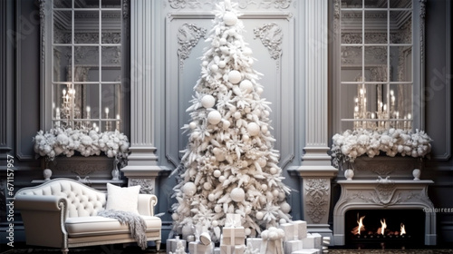 classical Christmas stylish living room with white tree and fireplace © Melinda Nagy