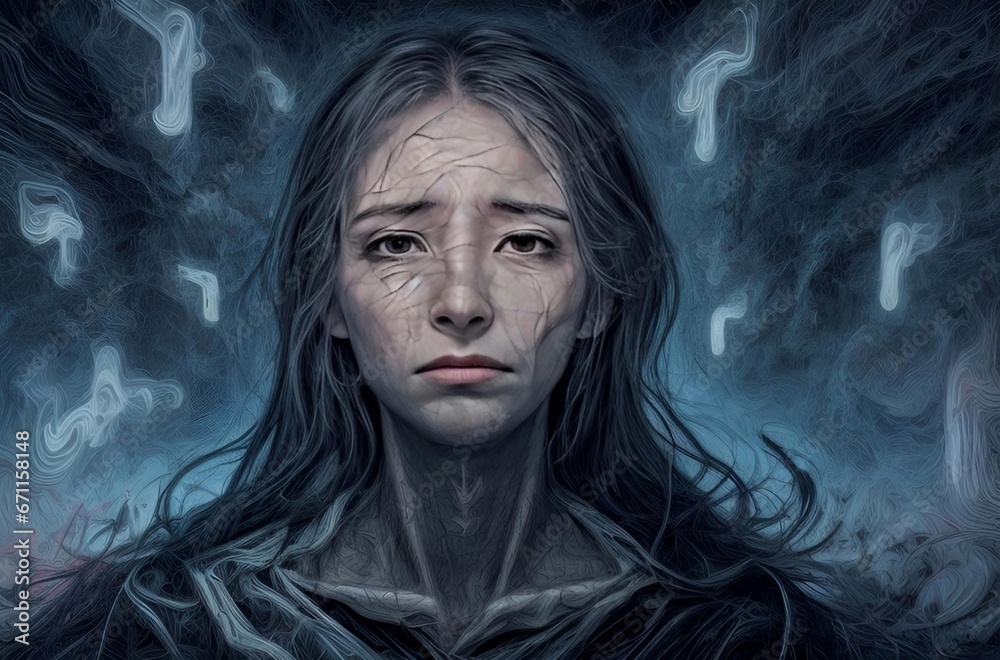 Tormented by Hallucinations: The Struggle of a Troubled Mind. This poignant image captures the harrowing experience of a woman suffering from visual auditory hallucinations, a manifestation of severe.