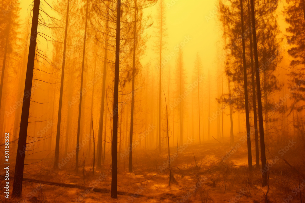 Fototapeta premium Searing Wildfire: Forest Covered in Thick Smoke