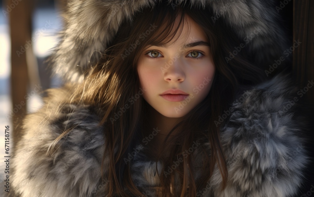 A young girl is wearing fur cocktail dress in stone hut A young girl is wearing fur cocktail dress in stone hut