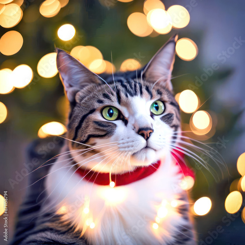 Close-up of a tabby cat with red collar in Christmas lights