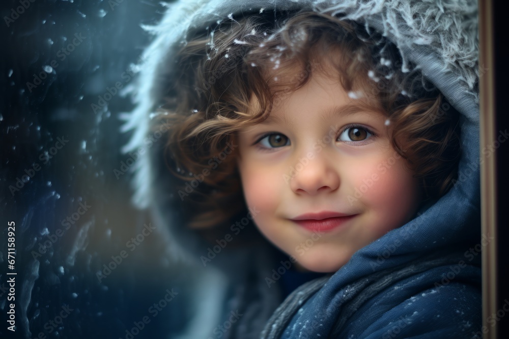 A Heartwarming Portrait of a Curious Child, Nose Pressed Against a Frosty Window, Captured in the Magic of Christmas Eve A Heartwarming Portrait of a Curious Child, Nose Pressed Against a Frosty Window, Captured in the Magic of Christmas Eve