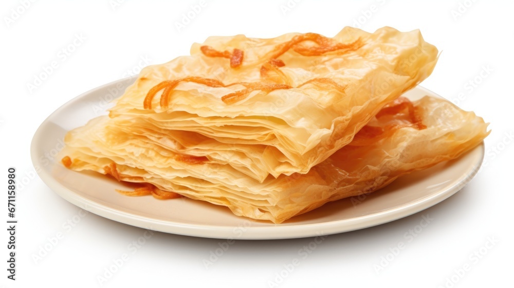 A white plate topped with borek, realistic Turkish food on white A white plate topped with borek, realistic Turkish food on white