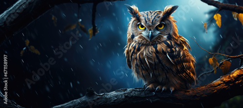 Majestic Owl Perched on a Branch on a Rainy Night