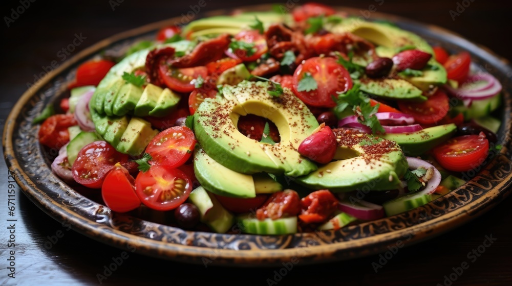 A plate of salad with avocado and tomatoes