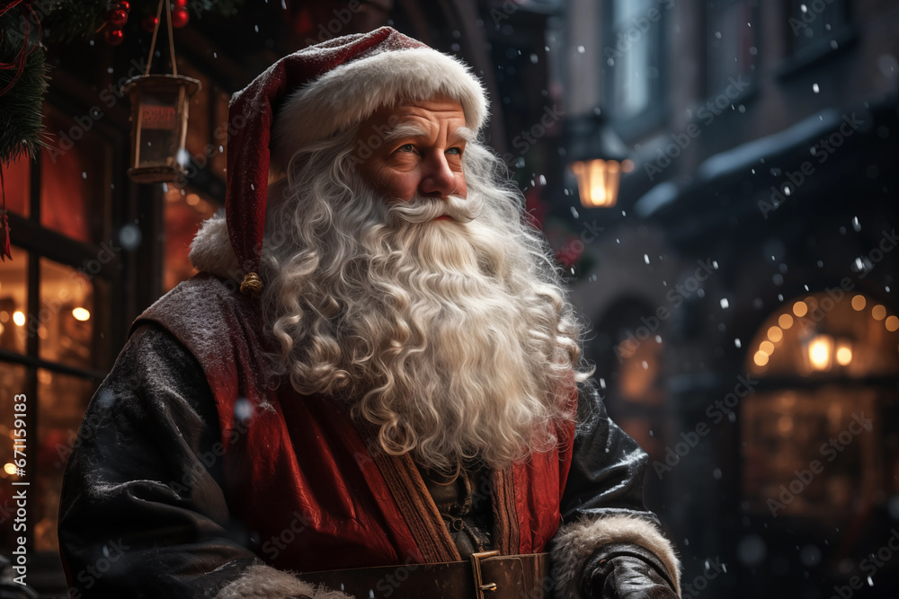 portrait of cheerful Santa Claus on winter evening street under the snowfall. wishing a merry Christmas
