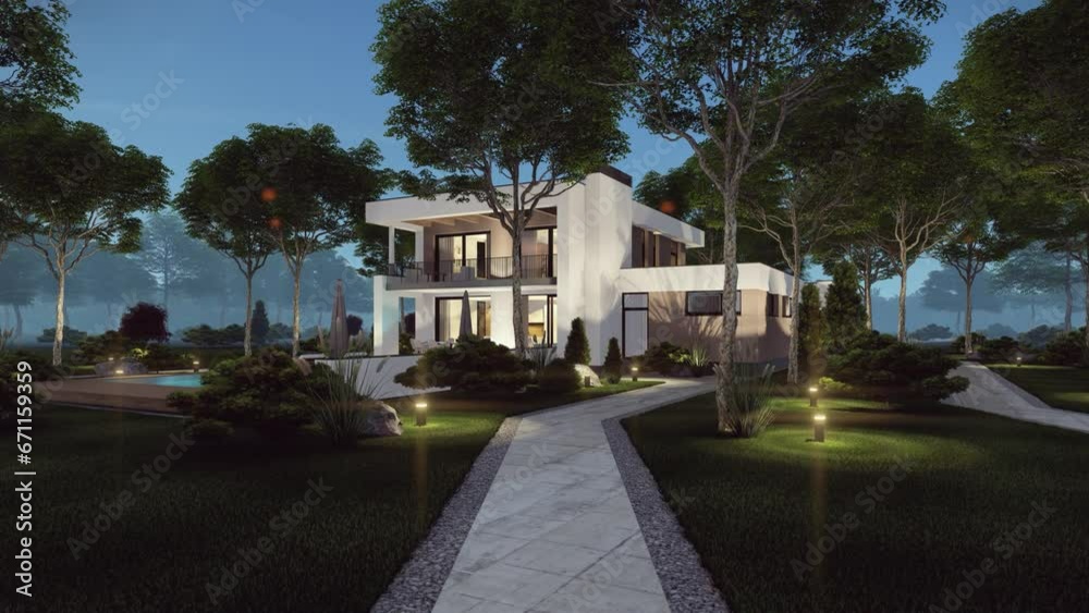 4K video rendering of modern cozy house with pool and garage for sale or rent in luxurious style and beautiful landscaping on background. Summer night with stars in sky. 4K video rendering of modern cozy house with pool and garage for sale or rent in luxurious style and beautiful landscaping on background. Summer night with stars in sky.