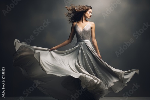 Elegant Woman in a Silver Dress, Dancing with Waves of Fabric Against a Shimmering Gray Backdrop in a Christmas Studio Setting