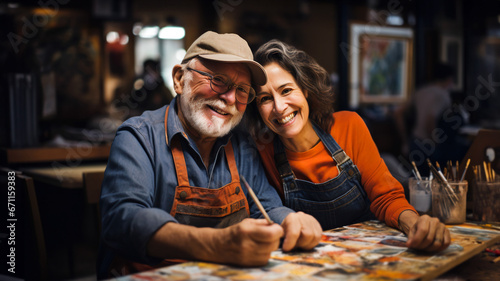 A joyful aged couple shares a heartwarming moment at a workshop, surrounded by art supplies. Concept of happiness and contentment, shared hobbies, spending time together and mutual understanding