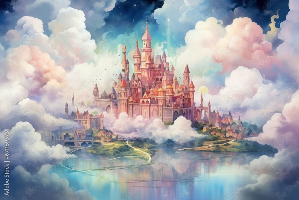 Whimsical cloud castles, floating high above the world, accessible only to dreamers - Generative AI