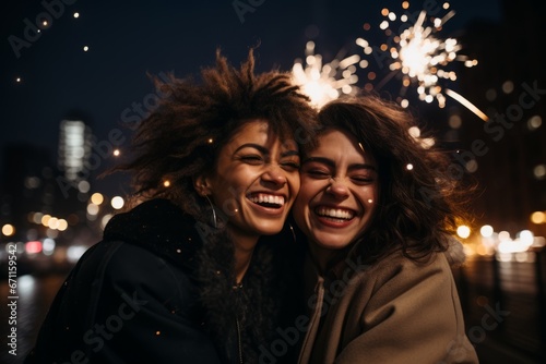 A Heartwarming Snapshot of Best Friends Embracing and Laughing Together as They Celebrate the Arrival of the New Year