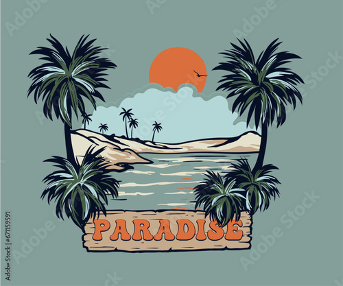 palm beach vector design, paradise beach vector illustration, palm tree vector, retro vintage summer design for t shirt, sticker, poster, graphic print