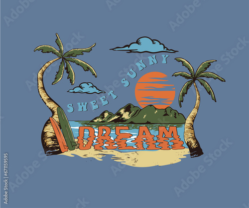 retro vintage summer surfing vector design, tropical island with palm trees, summer dream typography, sunset beach artwork for t shirt, poster, sticker, graphic print