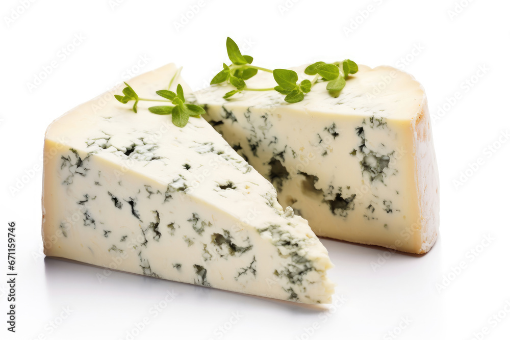 A piece of cheese block with blue mold, isolated on white background