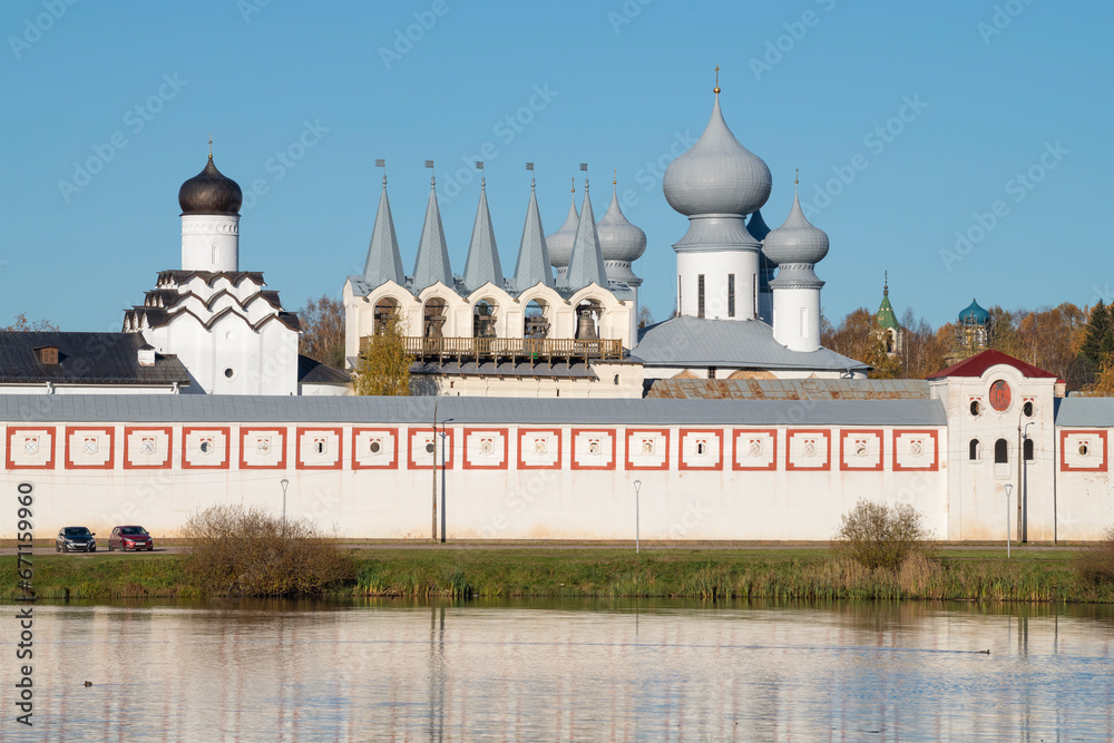 Sunny October day at the ancient Tikhvin Assumption Monastery. Leningrad region, Russia