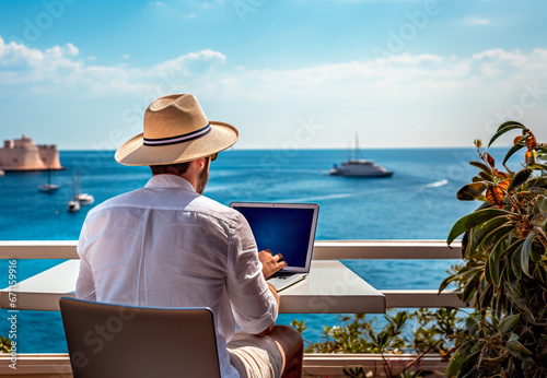 hombre en laptop con vista al mar  © Favio