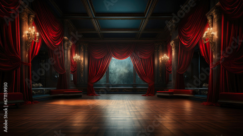 Elegant Theater Stage with Rich Red Velvet Drapery