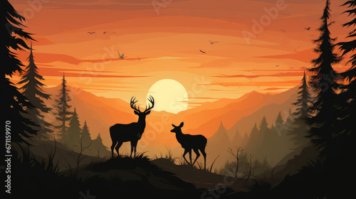 Deer Family at Sunrise in the Wild
