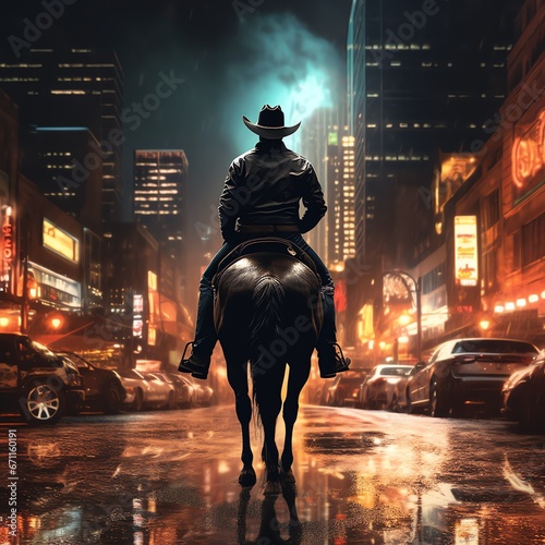 a man riding a horse in a city at night
