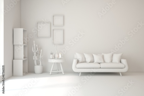 Grey interior desigh concept with furniture. 3D illustration © AntonSh
