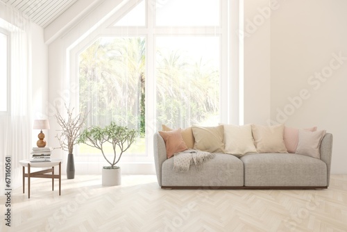 White living room with sofa and summer landscape in window. Scandinavian interior design. 3D illustration