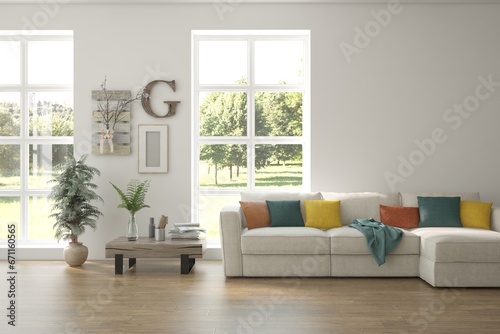 Bright interior design with modern furniture and summer landscape in window. 3D illustration