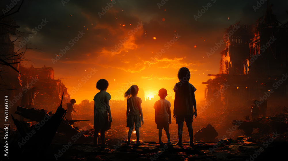 Fototapeta premium Standing Strong: Silhouetted Children by the Devastation