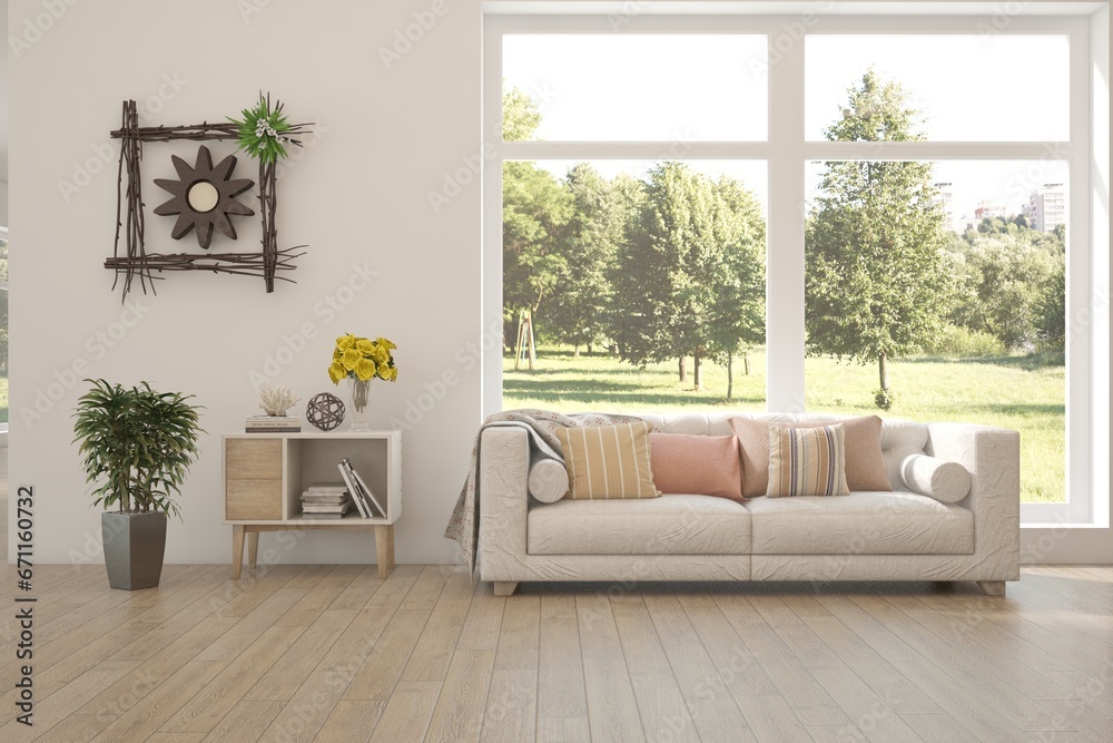 Fototapeta premium Modern interior concept with sofa and summer landscape in window. 3D illustration