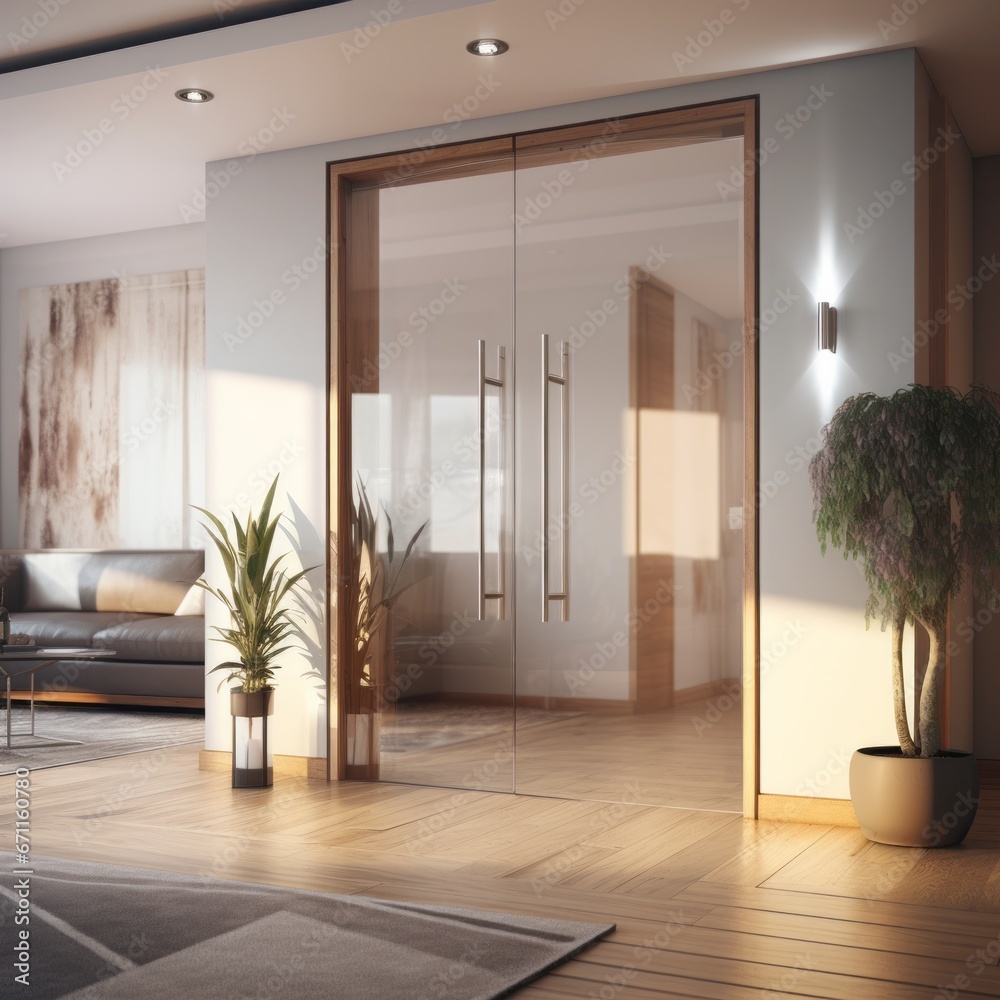 Modern glass door with wood frame in side perspective view in detailed light natural interior with lights render in blender. Background home interior design.
