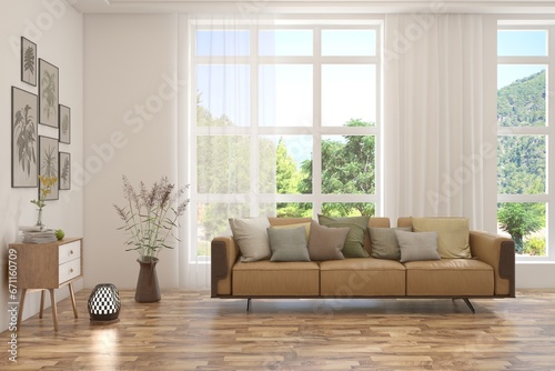 White living room with sofa and summer landscape in window. Scandinavian interior design. 3D illustration