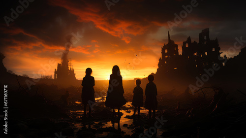 Innocence Amidst Destruction: Silhouetted Children by Ruins