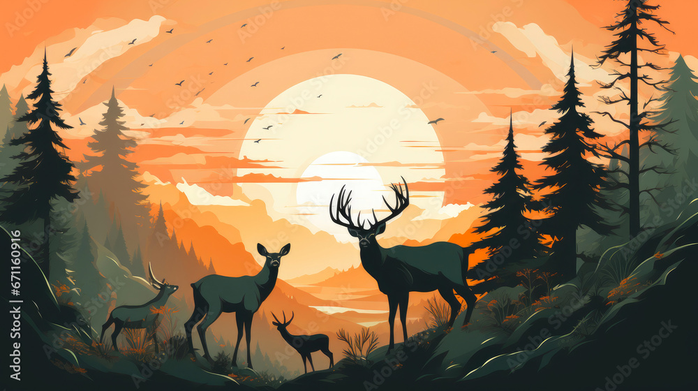 Fototapeta premium Wildlife Sunset with Deer Family