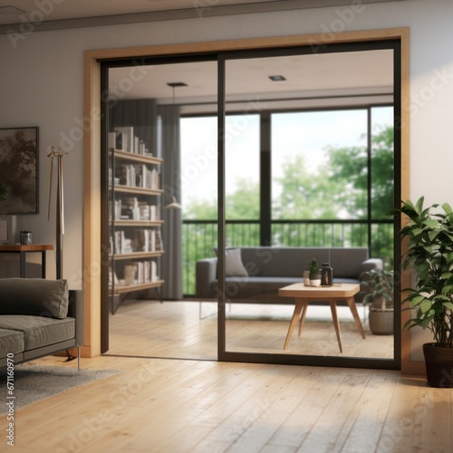 Modern glass door with wood frame in side perspective view in detailed light natural interior with lights render in blender. Background home interior design.